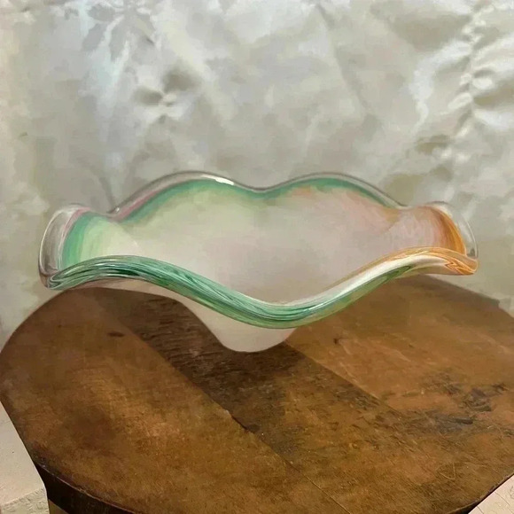 Art Glass Centerpiece Bowl White Multicolor Pastel Tones - Picture 5 of 5